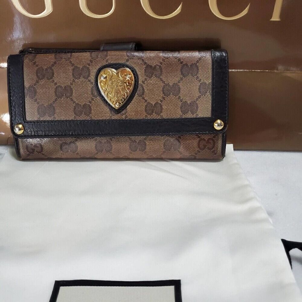 Gucci GG Logo Brown Canvas Continental Bifold Wallet with Black Trim. 2085660415